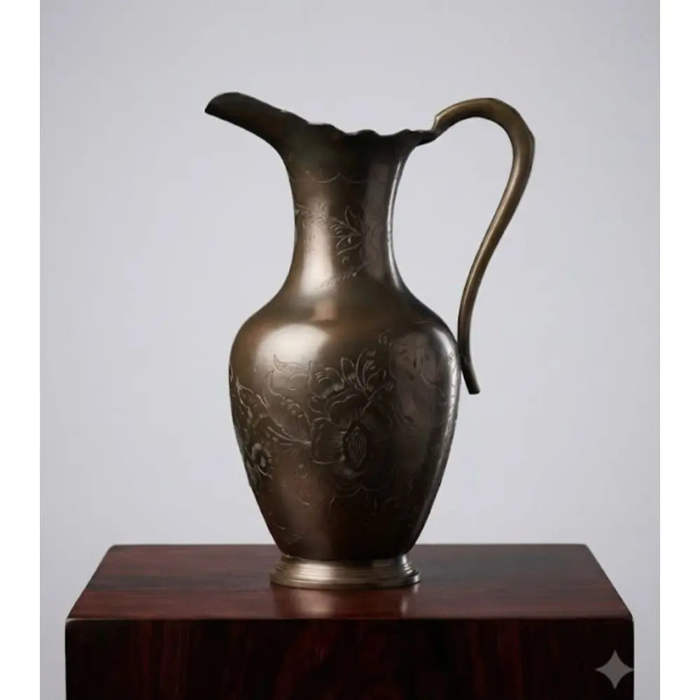Vintage Indian Artisan Hand-Engraved Floral Brass Pitcher